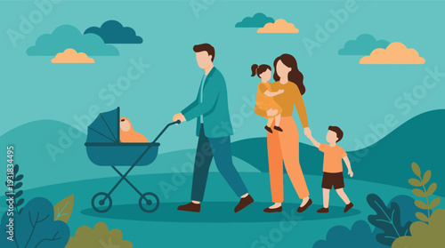 Happy Family Walking Outdoors with Baby Stroller and Two Children