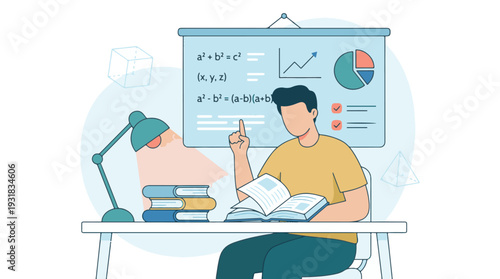 Student studying mathematics and data analysis with books and charts