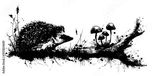 Wild hedgehog and mushrooms on a log in grunge ink splatter style
