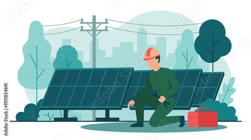 Engineer working on solar panels for renewable energy in urban setting