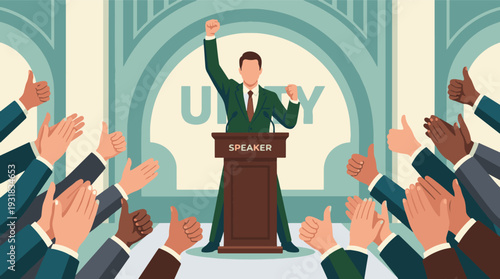 Speaker delivers message of unity with audience clapping and thumbs up