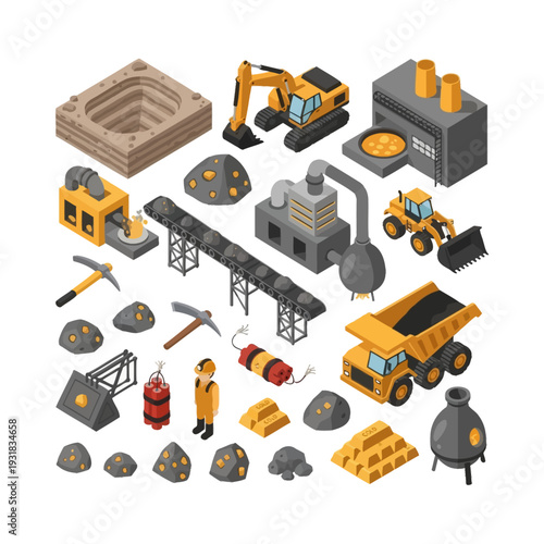 Isometric Gold Mining and Quarrying Equipment Set.