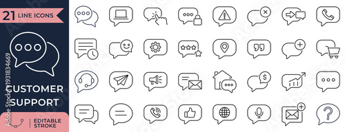 Customer support and messaging system line icon set for web and app interfaces