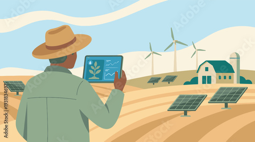 Digital Farmer Overseeing Smart Farm with Renewable Energy and Technology