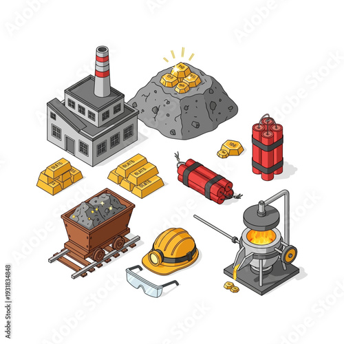 Isometric Gold Mining and Smelting Industry Elements Set.