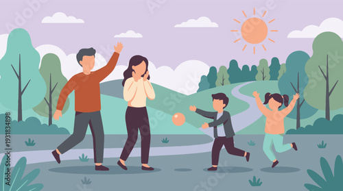 Joyful family playing outdoors in a park, enjoying leisure and happiness