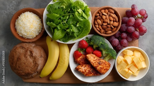 Wallpaper Mural Overhead view of a balanced assortment of fresh healthy foods including fruits vegetables protein grains and dairy on a wooden board Torontodigital.ca