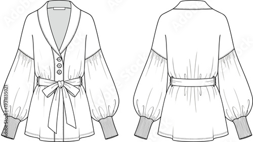 Women Button Front Wrap Blouse with Waist Tie and Puff Sleeves Front and Back View Fashion Technical Line Artv