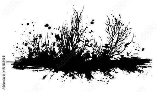 Detailed wild grass and shrub silhouettes with artistic black ink textures