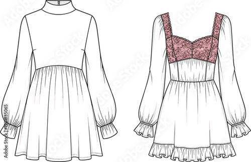 Women High Neck Mini Dress Front and Back View Mockup Template, Lace Bodice Detail Long Sleeve, Isolated Fashion Vector Illustration