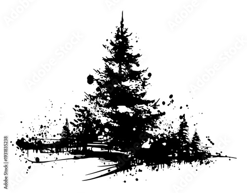 Lonely pine tree silhouette in a forest landscape with ink wash effects