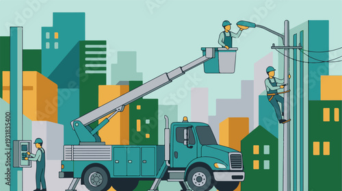 Electric utility workers repairing street lights and power grid in city