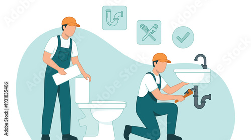Professional plumbing service illustration with repairmen at work