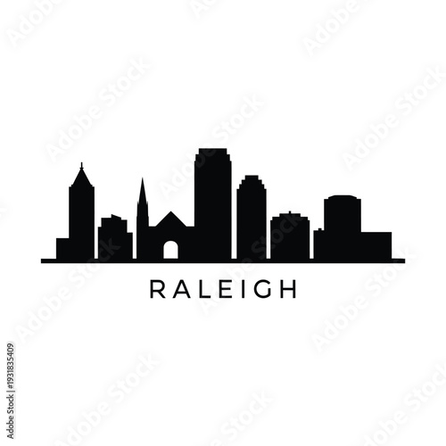 A minimalist black silhouette of the raleigh skyline with city name