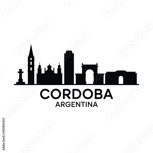 Silhouette of cordoba argentina cityscape with text below the skyline
