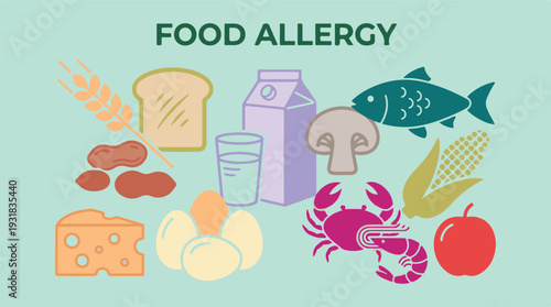 Food Allergy concept with common allergenic foods illustration