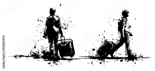 Two travelers pulling luggage suitcases in artistic black ink splatter style