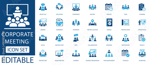  corporate meeting icon set .featuring meeting, seminars, online meetings, and office management symbols. Editable blue vector icons.