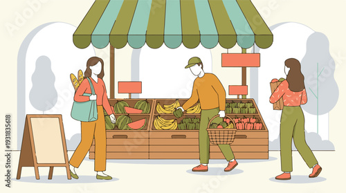 People shopping for fresh produce at a vibrant outdoor farmers market