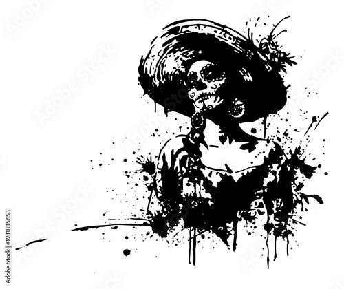 Mexican Day of the Dead La Catrina woman portrait in grunge ink style