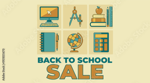 Back to School Sale banner with educational supplies flat vector illustration