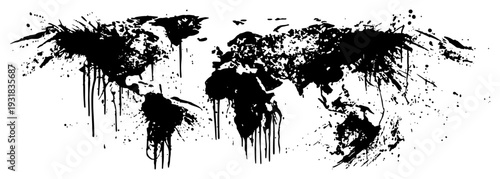 Global world map silhouette in artistic black ink splatter and grunge style