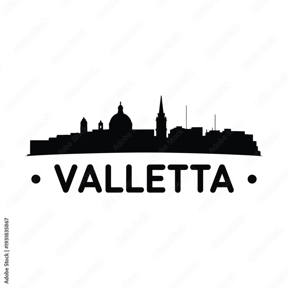 Naklejka premium Valletta skyline silhouette with city name text below the structures