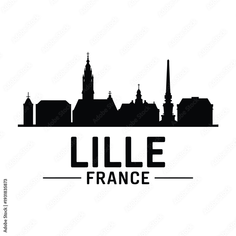 Fototapeta premium Black silhouette of lille france skyline with city name typography