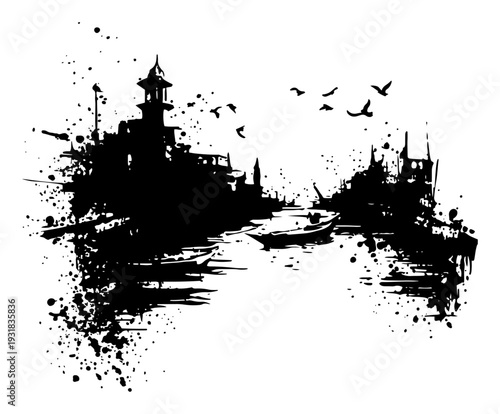 Artistic silhouette of an ancient Indian city by the river with boats and birds
