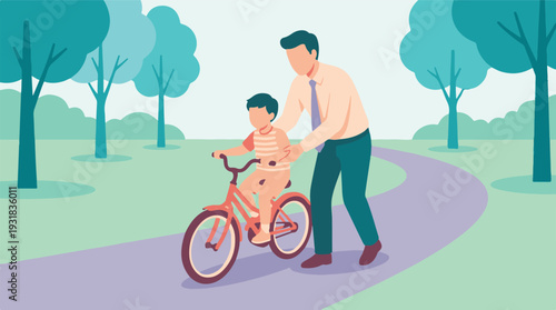 Father teaching son to ride a bicycle in a park, flat illustration