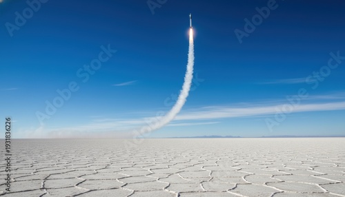 Rocket Launch over Salt Flat: Witness the breathtaking ascent of a rocket against a vast, surreal salt flat, symbolizing ambition, exploration, and the relentless pursuit of progress.