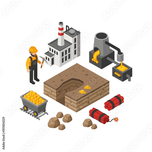 Isometric Gold Mining and Smelting Process with Miner and Equipment.