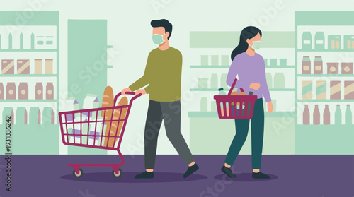 People wearing face masks shopping for groceries in a supermarket