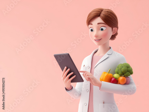 Young female nutritionist making notes using tablet. AI Generated