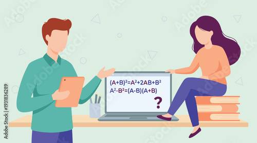 Students or colleagues learning math online with laptop and tablet