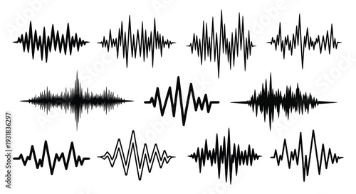 An assortment of black sound waves displayed as abstract waveforms creating a dynamic visual representation silhouette high quality professional detailed