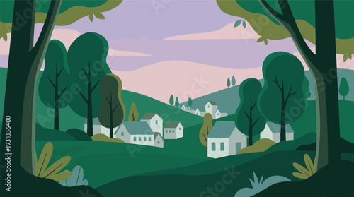 Minimalist landscape illustration of a green village nestled in rolling hills