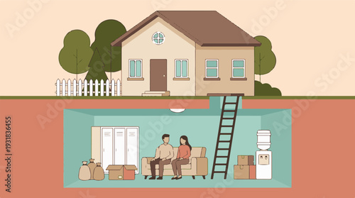 Modern house cutaway with a couple in an underground survival bunker