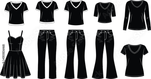 Black women clothing vector set, t-shirts jeans dress collection, fashion flat sketch template, casual outfit silhouettes isolated on white background