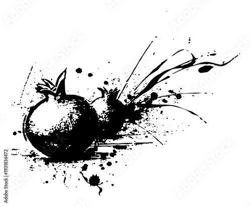 Ripe pomegranate fruit with artistic ink splashes and grunge vector art