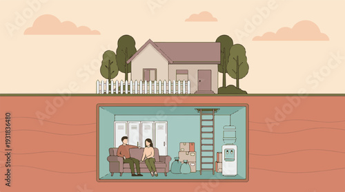 Couple in an underground bunker below a house, preparedness and safety