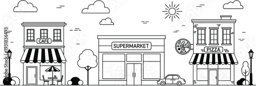 City Street Storefront Line Art Illustration with Cafe Supermarket and Pizza Shop Buildings Isolated on White Background