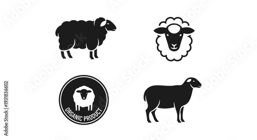 Minimal sheep logo silhouette set featuring 4 branding variations including full body sheep, sheep head front view, circular emblem badge, and elegant side profile design