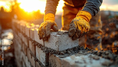 Bricklayer in yellow work gloves carefully placing a brick onto a wall with wet mortar during a golden sunset outdoors