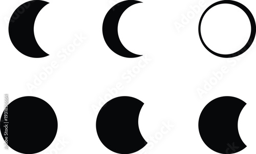 Crescent moon and circle silhouette collection, Ramadan Islamic lunar phase symbols flat vector illustration isolated