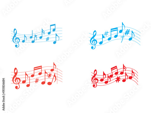 Colorful musical notes and clef symbols arranged in four distinct groupings on white