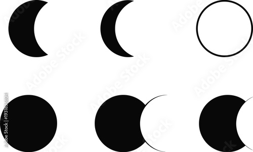 Crescent moon and circle silhouette set, Ramadan Islamic lunar phase symbol flat vector illustration isolated