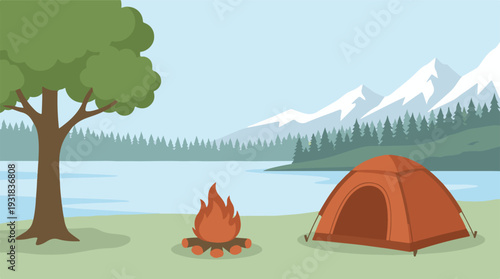 Outdoor camping scene illustration with tent, campfire, lake, and mountain landscape