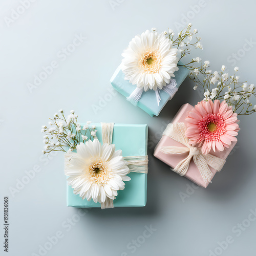 Colorful Gift Boxes Decorated with Fresh Flowers on Soft Background