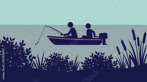 Two people fishing from a boat on calm water amidst reeds, minimalist illustration